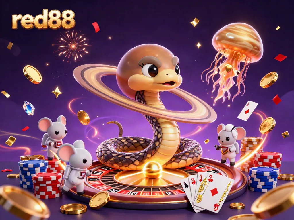 Engage with red88's thrilling gaming universe featuring a Saturn ring snake and astronaut mice at a cosmic roulette.