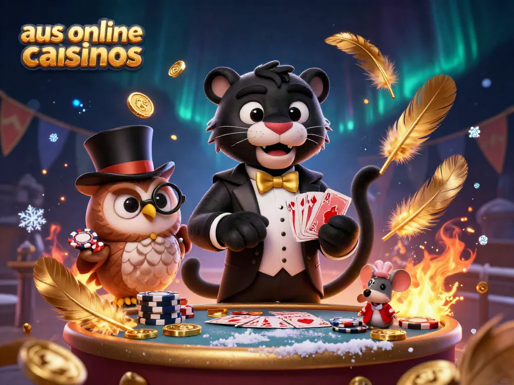 Engaging scene with cartoon characters showcasing aus online casinos, featuring a panther dealing cards, an owl holding chips, and a mouse peeking from behind.