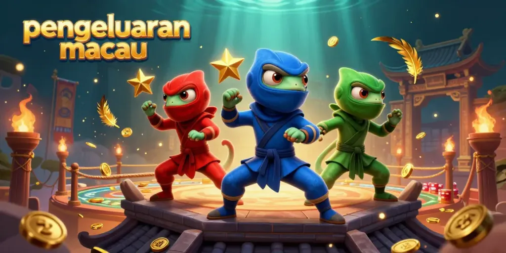 Experience pengeluaran macau with exhilarating martial arts poses from colorful chameleons amidst vibrant casino elements.