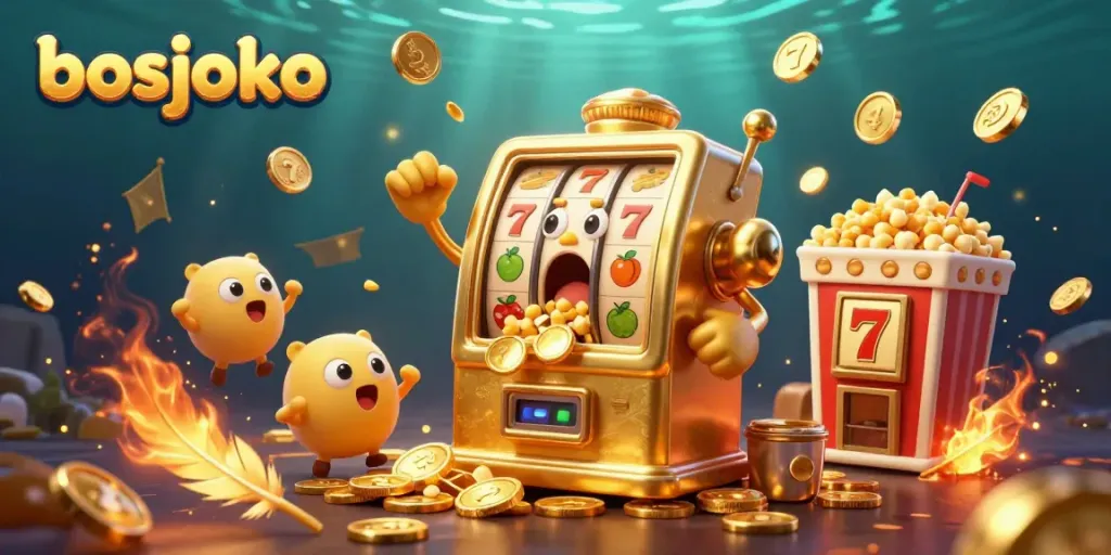 Experience the excitement at bosjoko with a golden slot machine hitting a jackpot, coins flying everywhere!