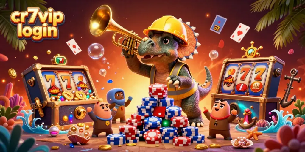 Gambarkan pengalaman login cr7vip dengan simbol slot dan karakter lucu dalam suasana casino.