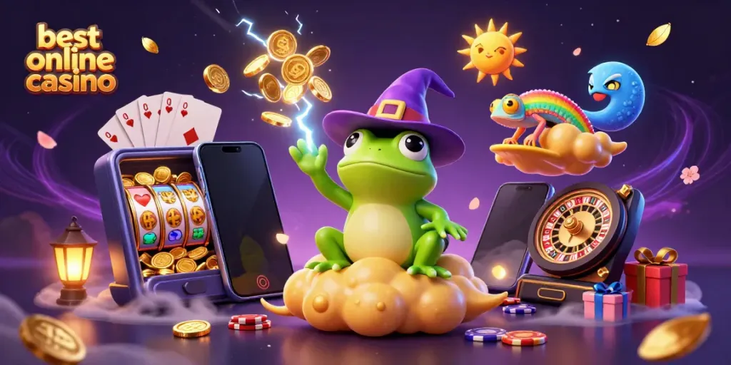Experience the magic of the best online casino with characters surrounded by vibrant gaming elements.