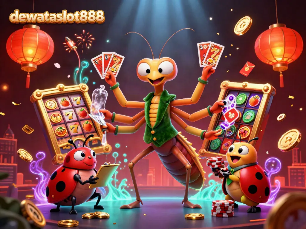 Permainan slot di dewataslot888 dengan karakter menarik di latar belakang yang dinamis dan meriah.