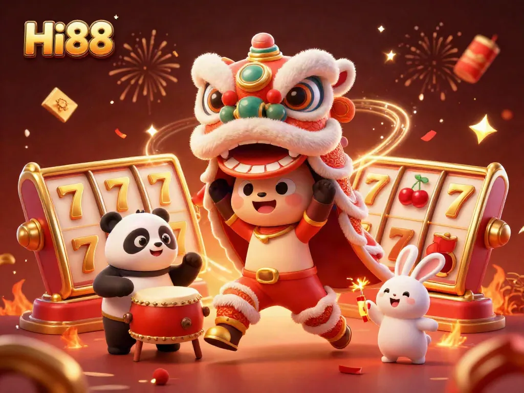 Engage with Hi88's exciting slots as festive characters dance amidst dynamic casino imagery.