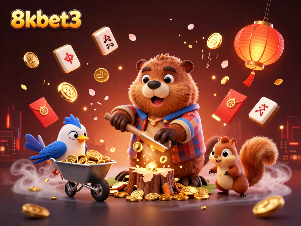 Chop and collect with 8kbet3 as a playful beaver gathers golden coins in a dynamic casino scene.