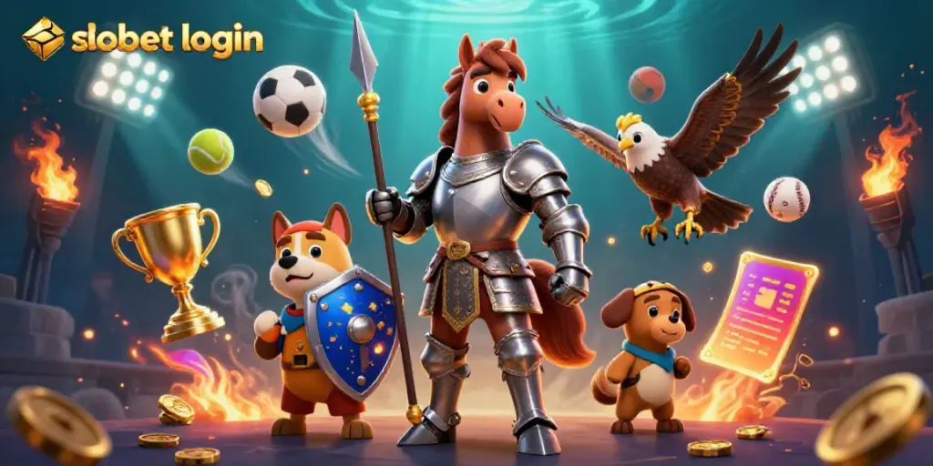 Experience seamless sbobet login for sports betting with a knight, puppy, and falcon in action.