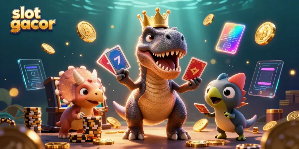 Engage in the excitement of slot gacor with playful dinosaurs in a vibrant casino scene.