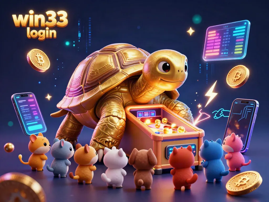 Experience the thrilling win33 login at a vibrant casino, featuring a golden tortoise pinball machine and excited animals.