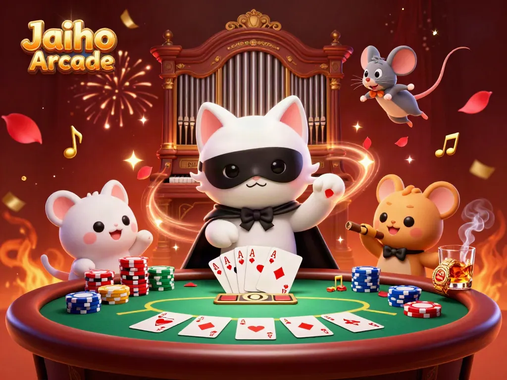 Experience thrilling gameplay at Jaiho Arcade with a captivating 3D casino scene featuring a masked cat, mouse acrobat, and game elements.