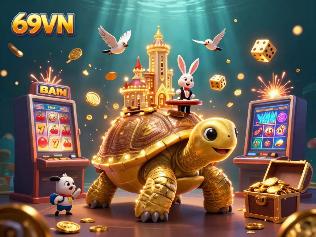 Experience the excitement of 69VN with a golden tortoise casino scene, featuring a dealer and dynamic elements.