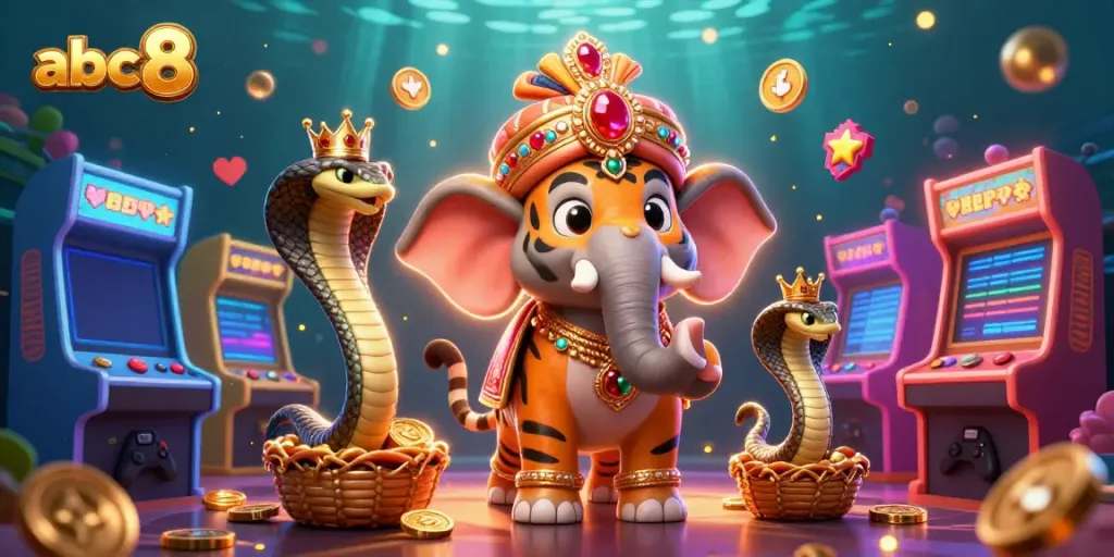 Play vibrant casino games with abc8, featuring maharaja tiger, jewel-encrusted elephant, and gaming elements.