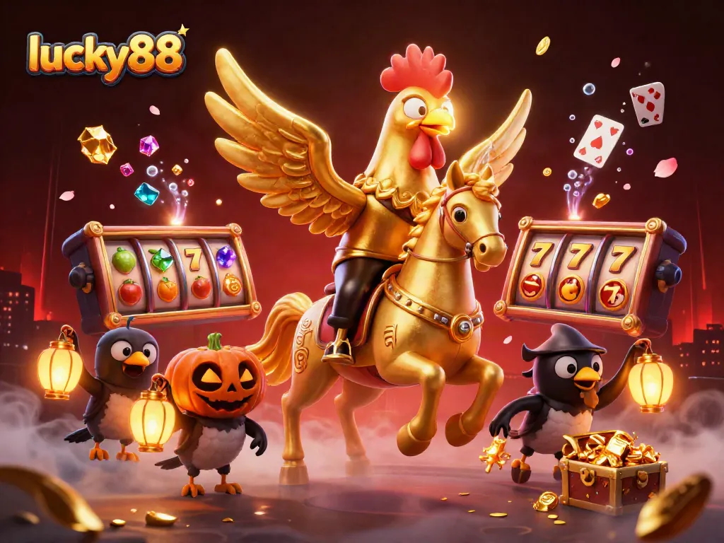 Experience lucky88 thrills with a golden rooster in a vibrant midnight casino scene filled with classic slot elements.
