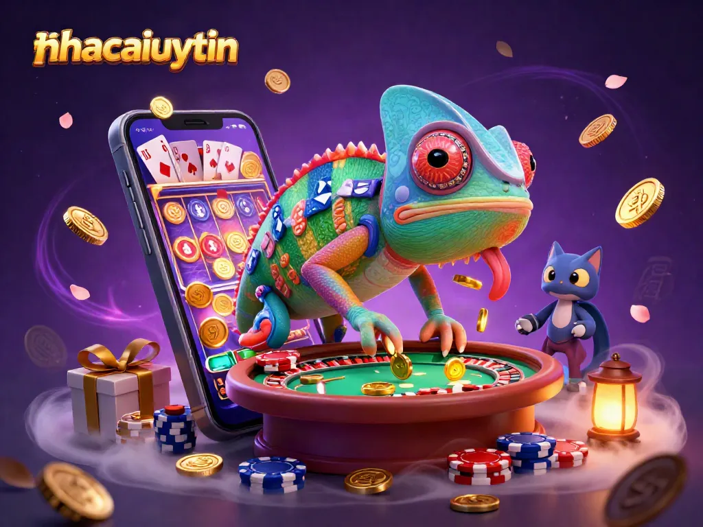 Engage with the exciting world of nhacaiuytin, featuring a vibrant chameleon casino owner surrounded by dynamic gaming elements.