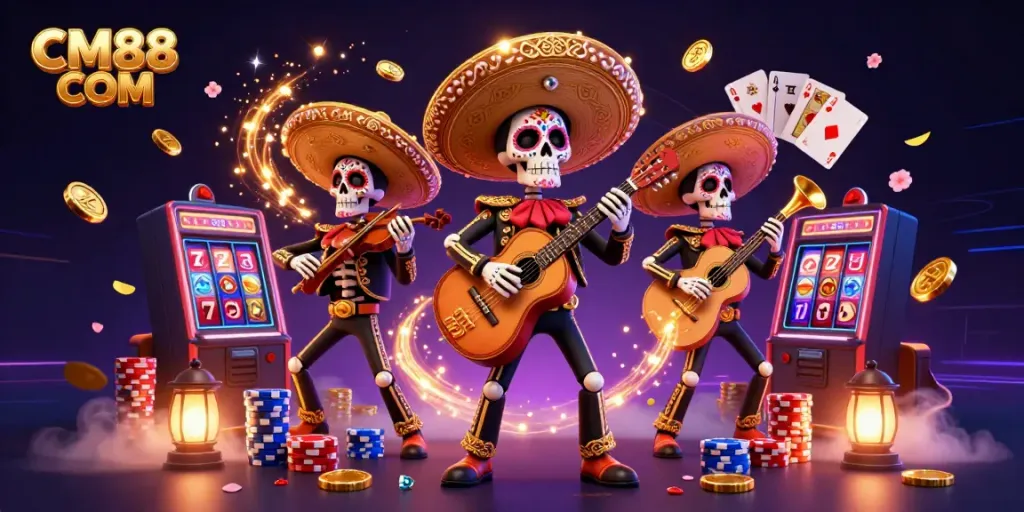 Experience the thrill of gaming with CM88 COM's dynamic casino scene featuring a mariachi band amidst cascading coins and sparkling gems.
