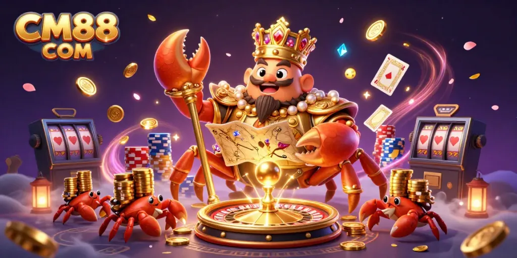 Engage with CM88 COM while exploring vibrant 3D casino world with golden crab emperor and treasures.