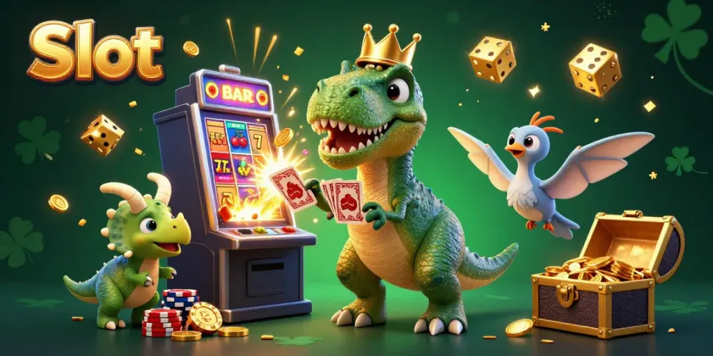 Spin the slots with animated characters showcasing excitement and jackpot thrills in this vibrant casino scene.