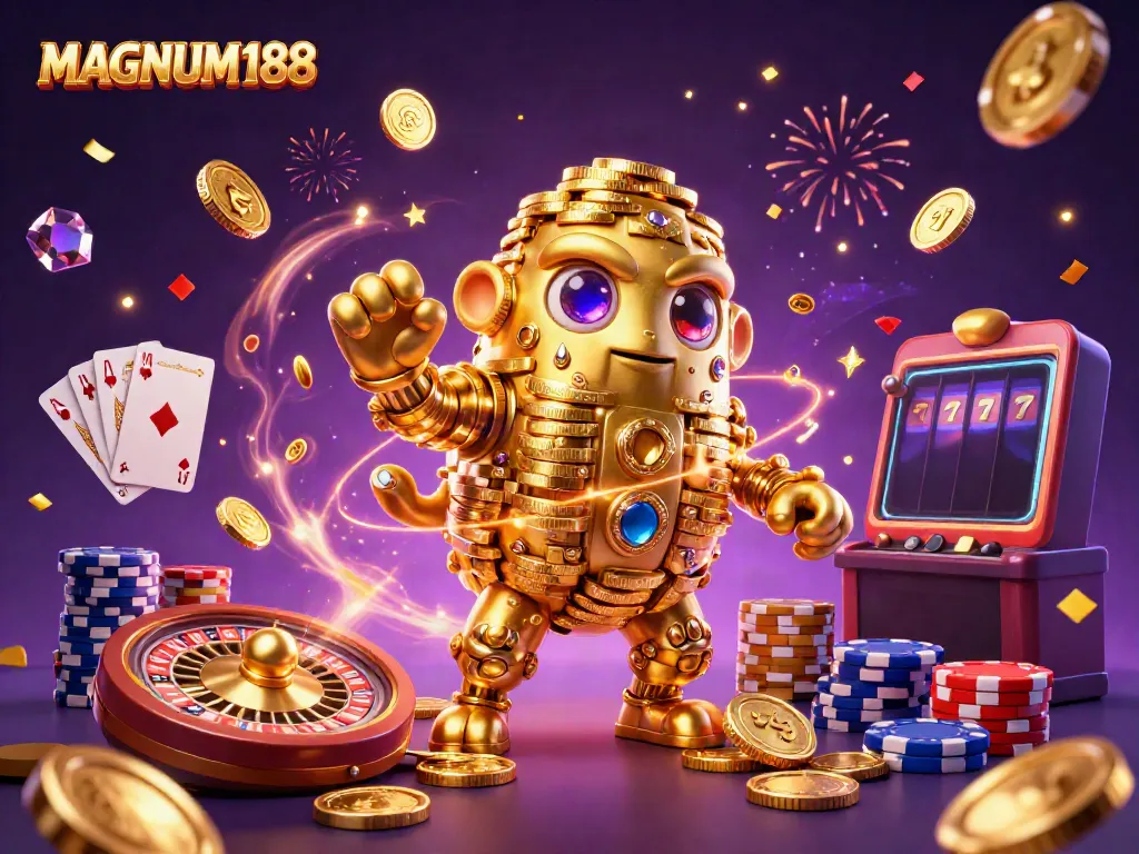 Engage in the thrilling magic of MAGNUM188 with golden golems, cascading coins, and vibrant casino elements.