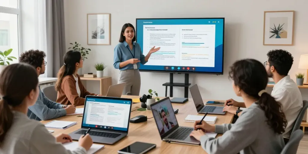 Engaging online training session for NVQ Level 6 in Saudi Arabia featuring diverse learners in a modern virtual classroom.