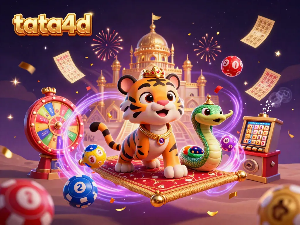 Engage in exciting gameplay with tata4d's vibrant slots and lottery elements in a dynamic Arabic-themed scene.