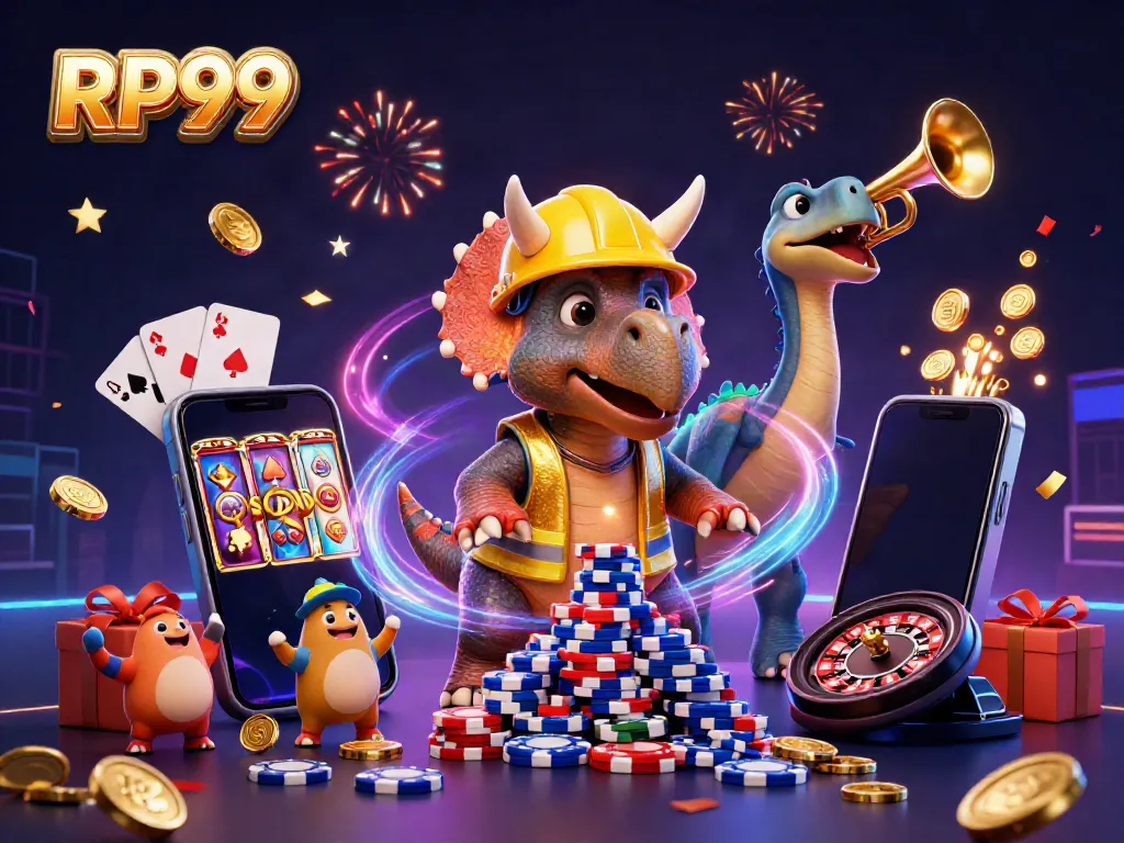 RP99 slot gaming: colorful 3D illustration with dinosaurs and poker chips celebrating, perfect for online casino.