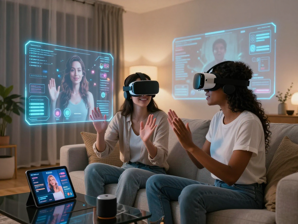 Engaged couple using AI chat porn in futuristic VR headsets within a stylish living room.