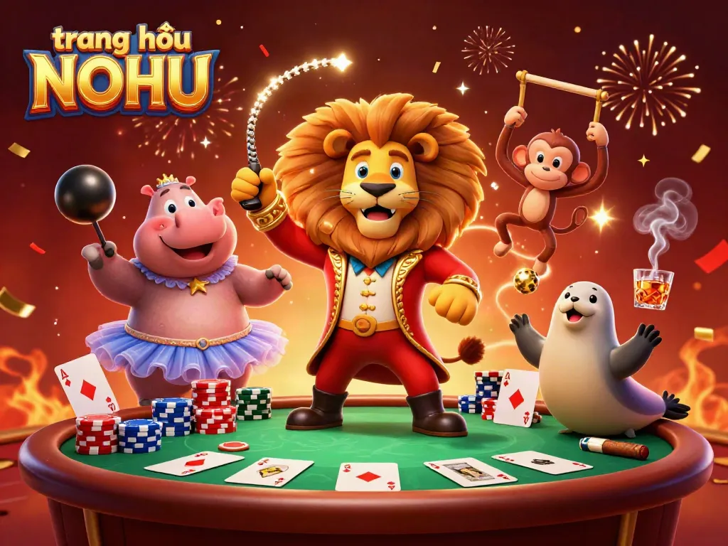 Engaging scene illustrating trang chủ NOHU with animated characters celebrating wins at a vibrant casino, poker elements in play.