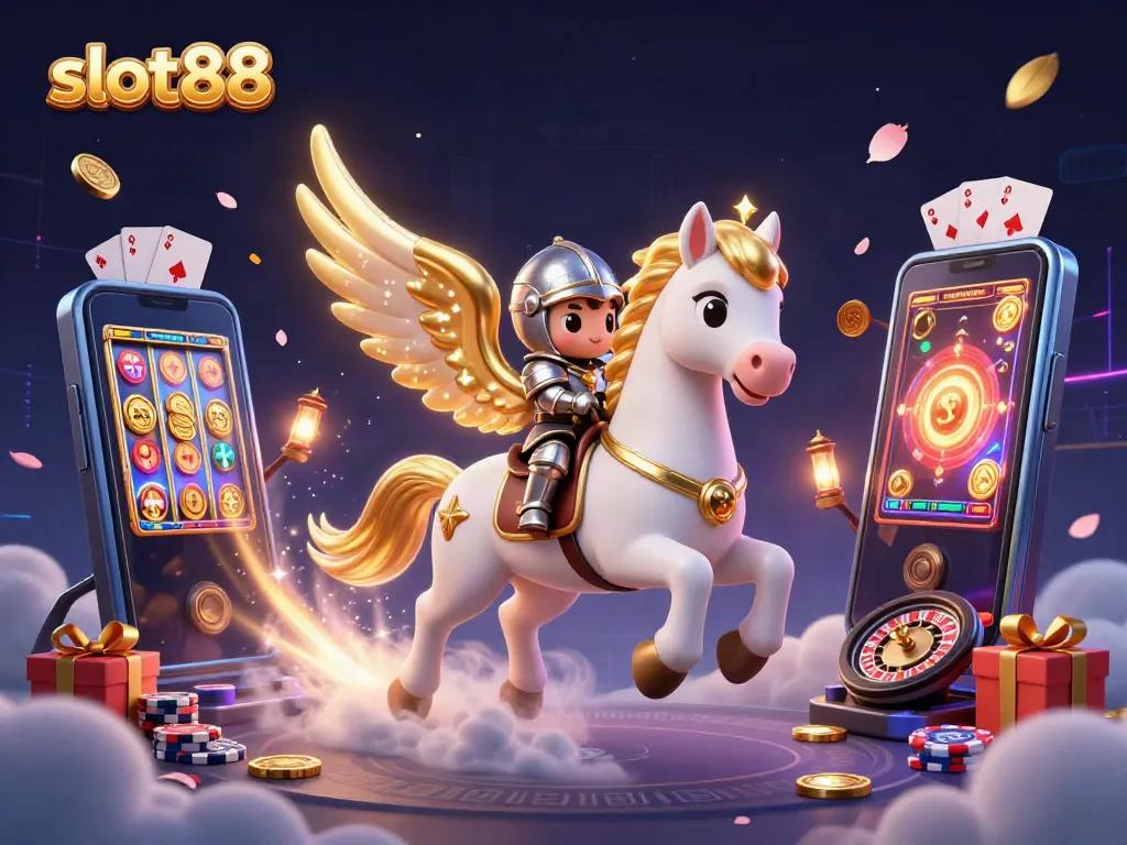 Slot88 menampilkan pemandangan penuh aksi dengan kuda putih bertanduk emas dan pahlawan kecil yang membawa keseruan permainan slot.