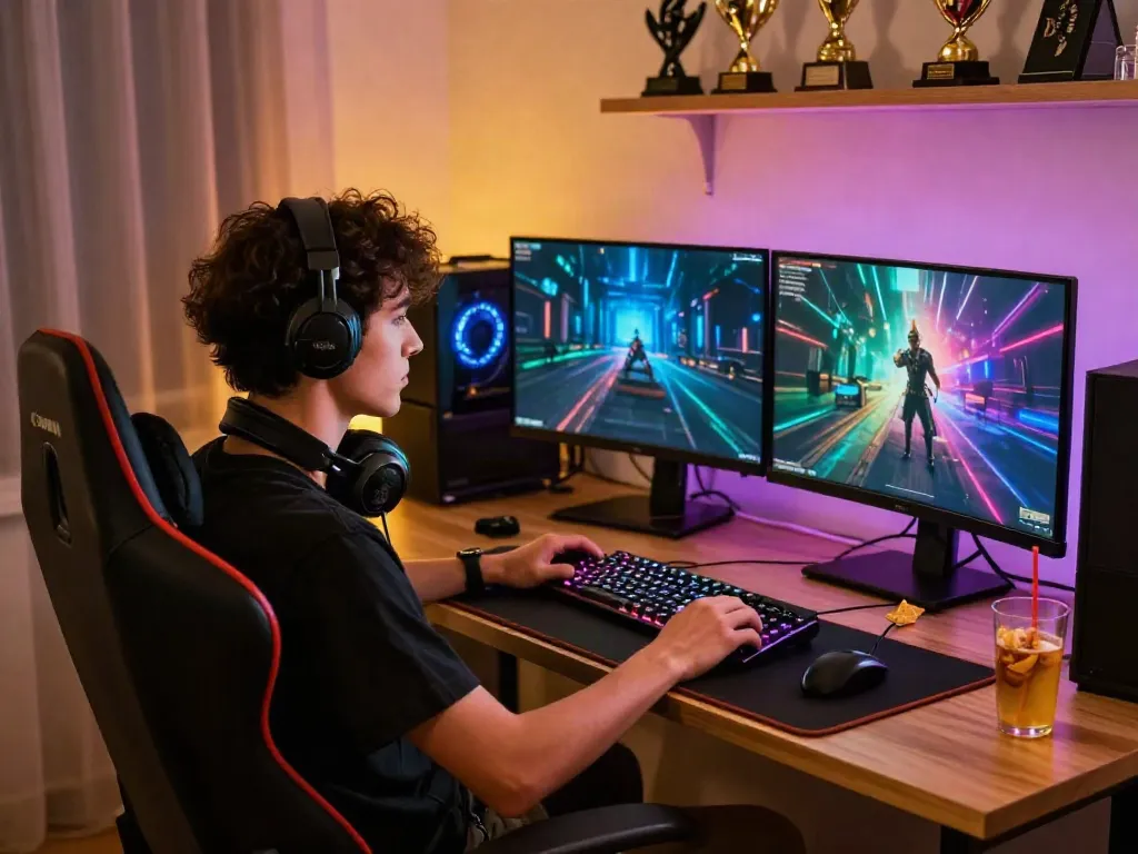 A vibrant gaming lifestyle scene featuring akunjp, dual screens, and LED ambiance.