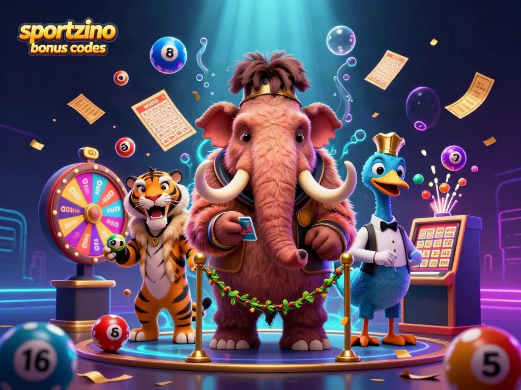 Sportzino bonus codes grant free coins in a vibrant casino scene with dynamic gaming elements.