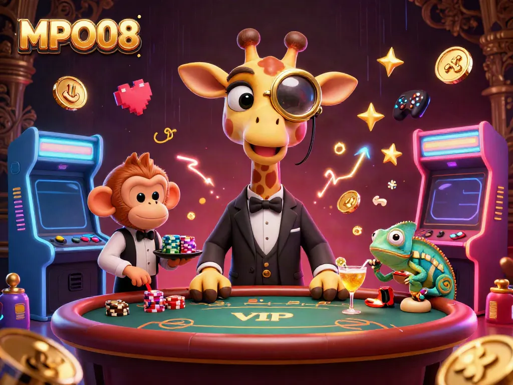MPO08 features animated giraffe high-roller at a lively VIP poker table, showcasing vibrant gaming elements.