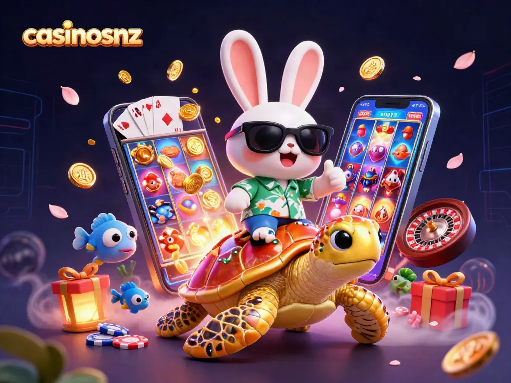 Experience exciting gameplay at casinosnz with a cheerful rabbit and golden turtle in a vibrant casino scene.