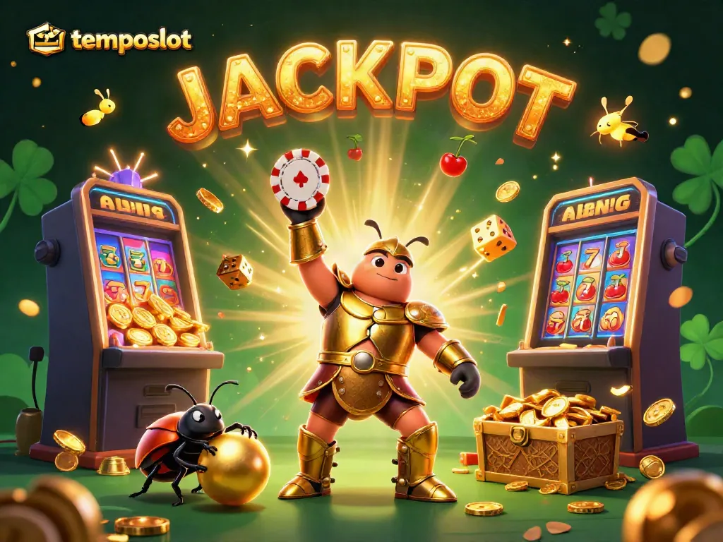 Experience the thrill of temposlot with vibrant elements showcasing a victorious beetle and jackpot excitement.