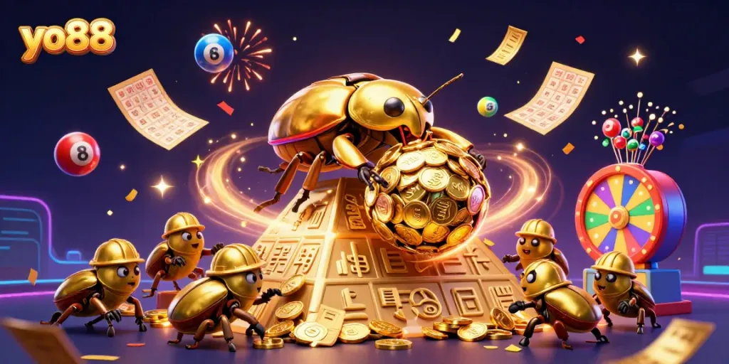 yo88 features a dynamic scene with a golden beetle and lottery elements celebrating casino excitement.