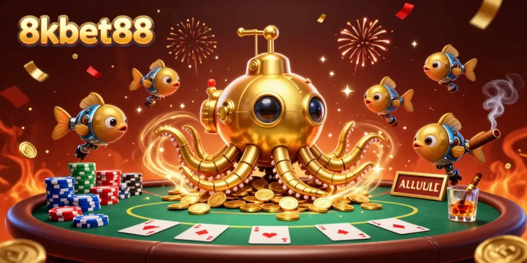 Engaging scene of 8xbet88 with a golden kraken submarine and poker elements celebrating gambling wins.