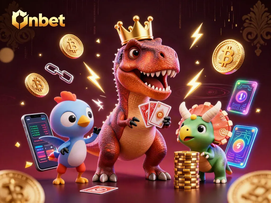 Engage in thrilling gameplay with Onbet featuring charming dinosaurs in a vivid casino scene.