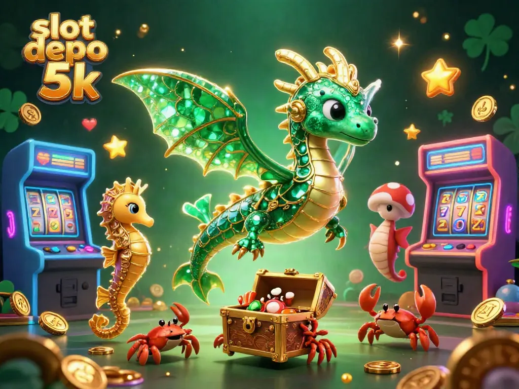 Engage with slot depo 5k's vibrant scene showcasing a sea dragon and treasure-chest carrying crabs amid a dynamic casino setting.