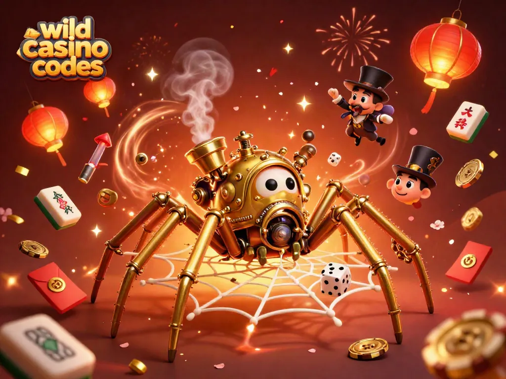 Play with wild casino bonus codes illustrated by spider and dice in a dynamic casino setting.