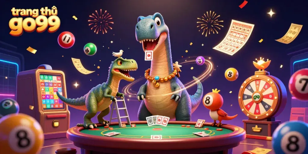 Experience vibrant fun at trang chủ go99 with a playful 3D casino scene featuring animated dinosaurs.