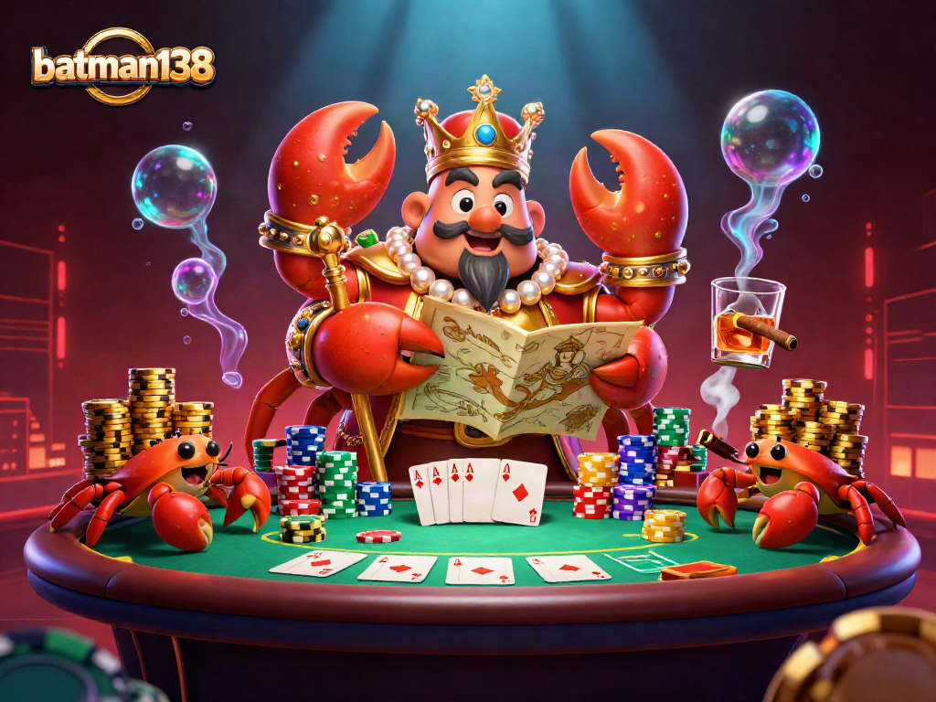 Engage with batman138 in this vivid casino scene showcasing a crab emperor among poker elements.